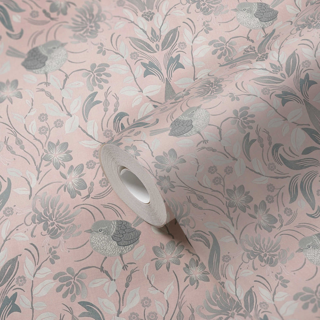 Roll of The Nigella Garden Room | Smoked Grey & Blush Luxe partly unrolled, 0.53 m × 10.05 m