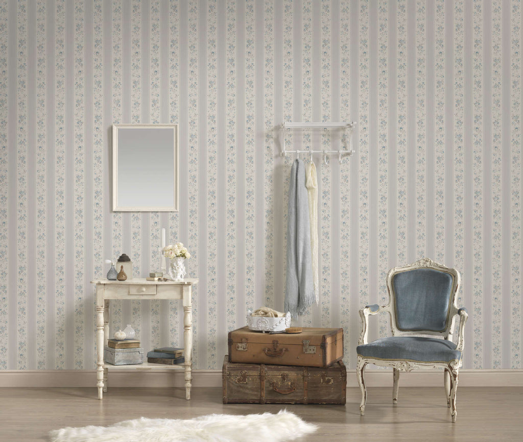 The Cornflower Parlour | Dove Grey & Delft Blue Luxe wallpaper hung in a dressing nook with a vanity table, blue chair and trunks
