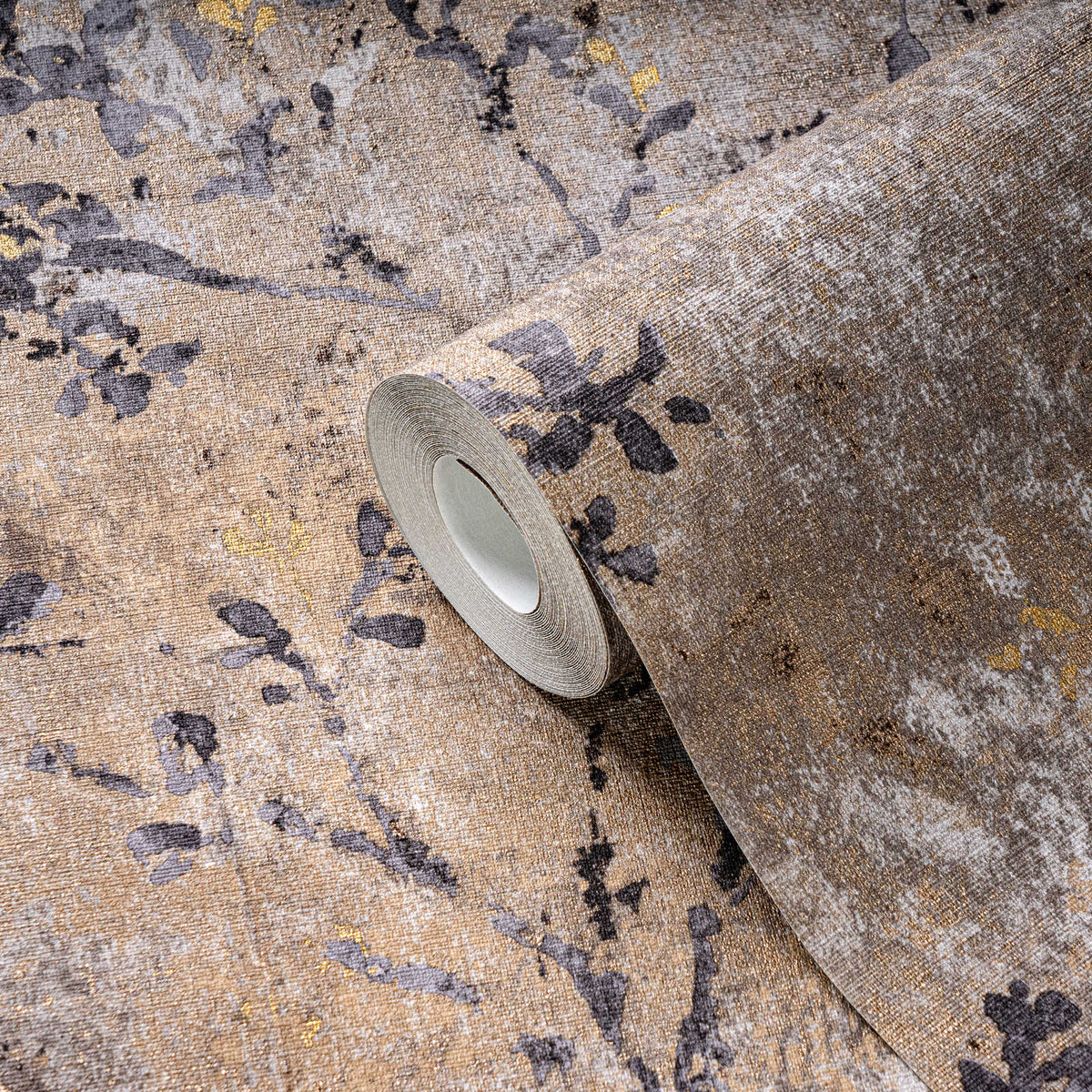 Roll of The Quince Blossom Conservatory | Warm Beige & Deep Black Luxe partly unrolled, 0.53 m × 10.05 m