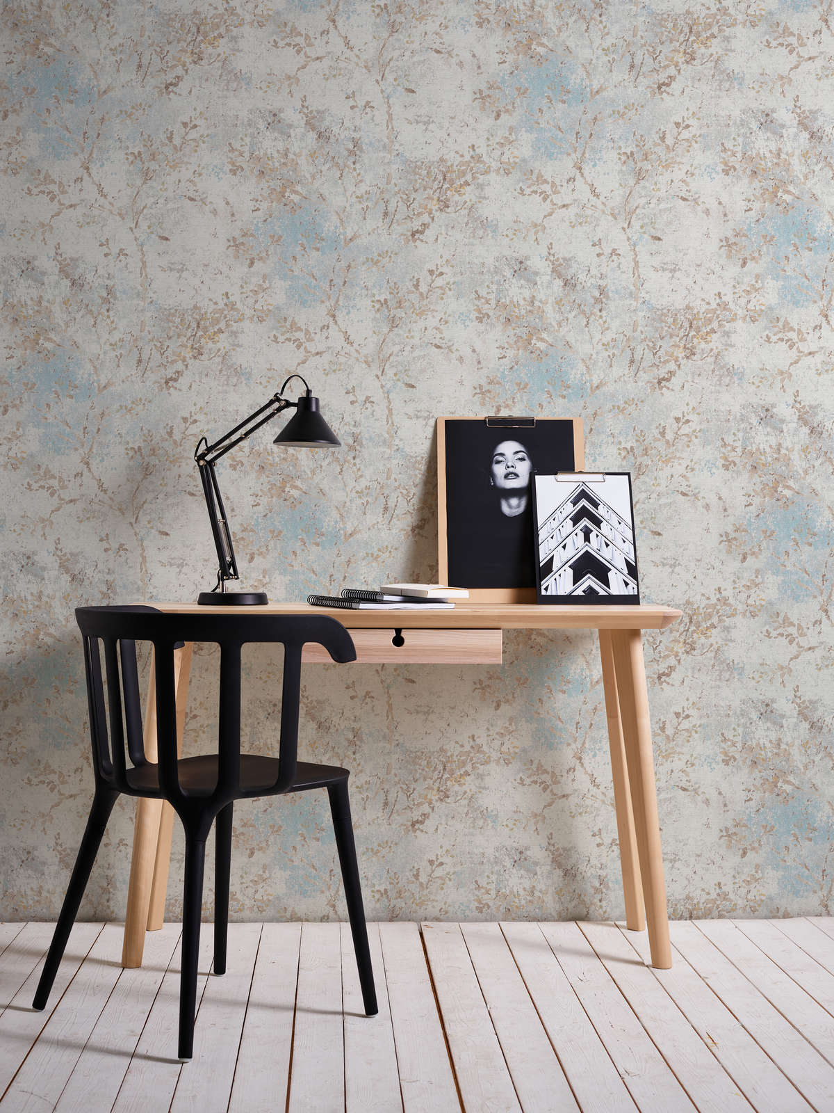 The Watercolour Bloom, watercolour floral wallpaper in azure, taupe and ochre with metallic gold, A.S. Création view 7