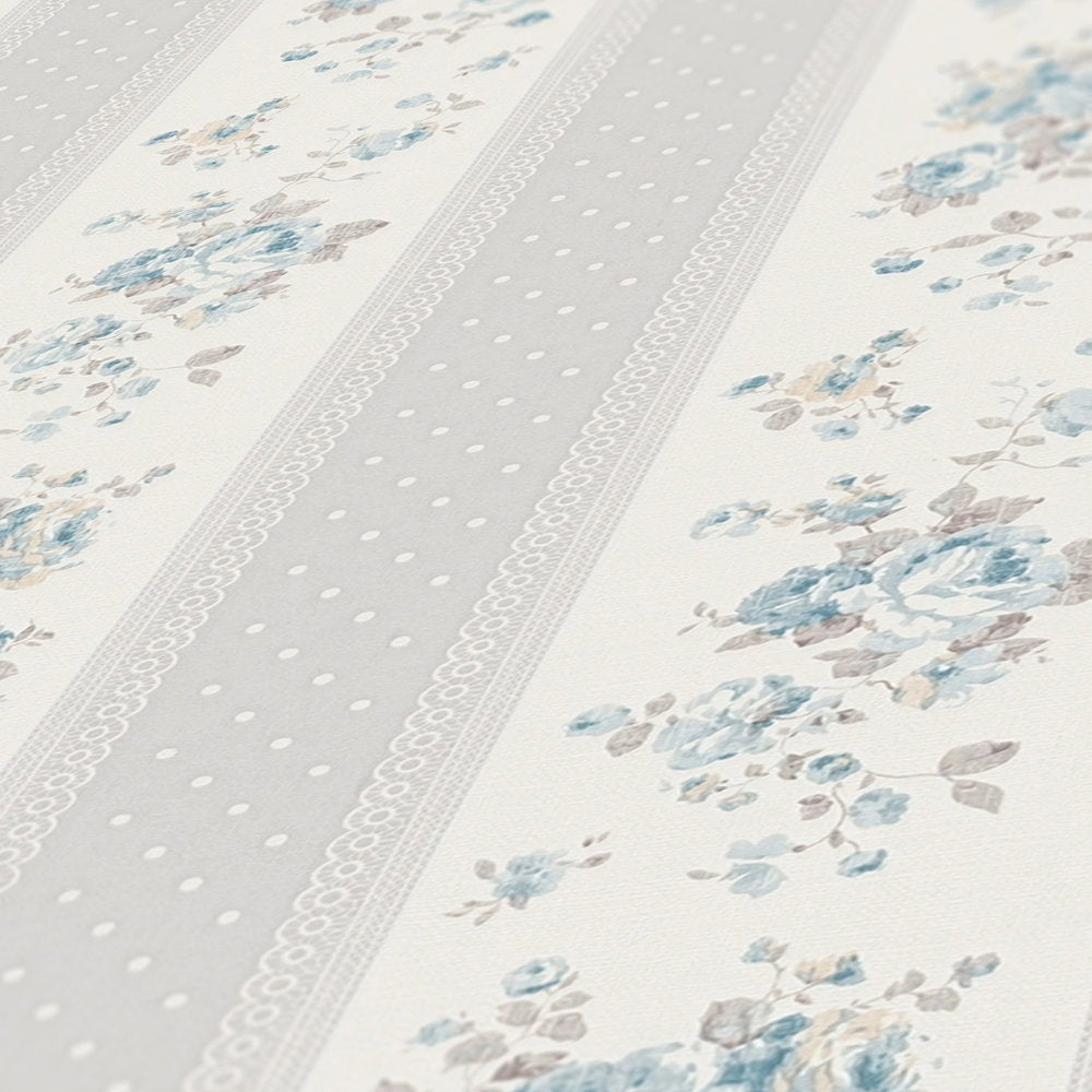 Close up of the blue roses on a pale ground in The Cornflower Parlour | Dove Grey & Delft Blue Luxe