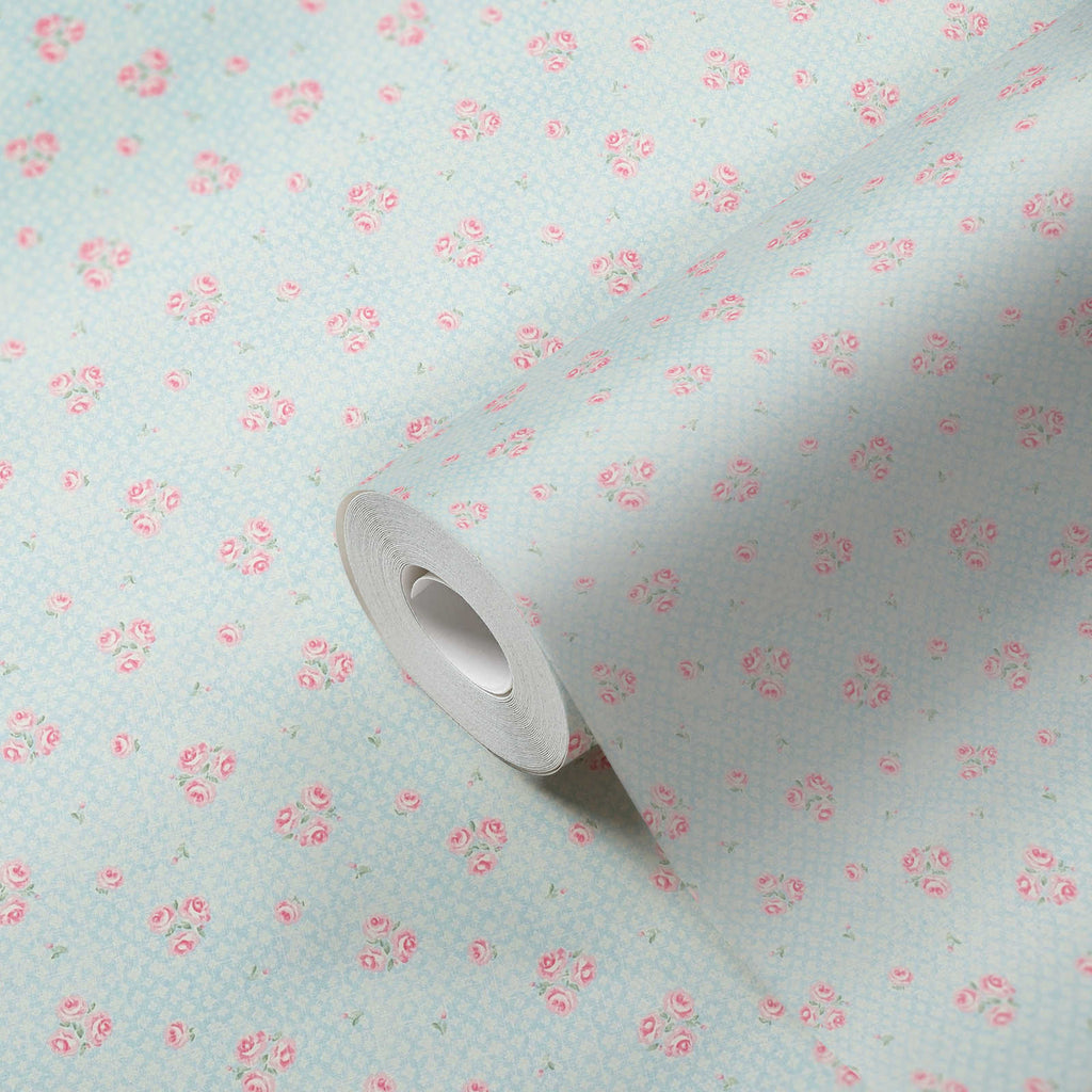 Roll of The Lupin Conservatory | Azure & Blush Luxe partly unrolled, 0.53 m × 10.05 m