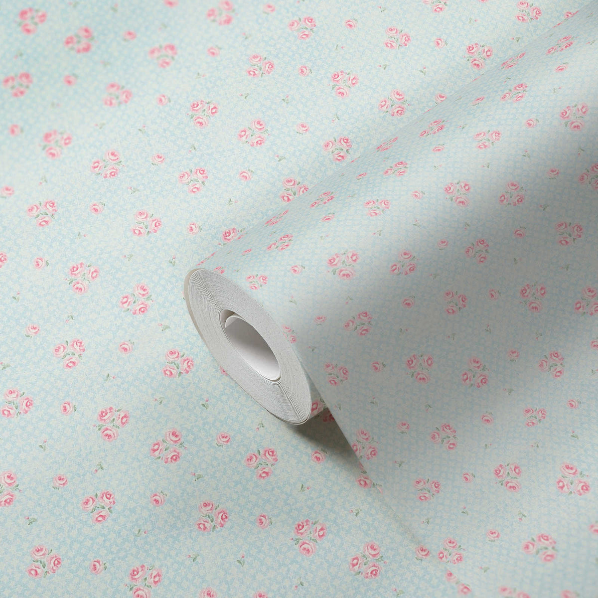 Roll of The Lupin Conservatory | Azure & Blush Luxe partly unrolled, 0.53 m × 10.05 m