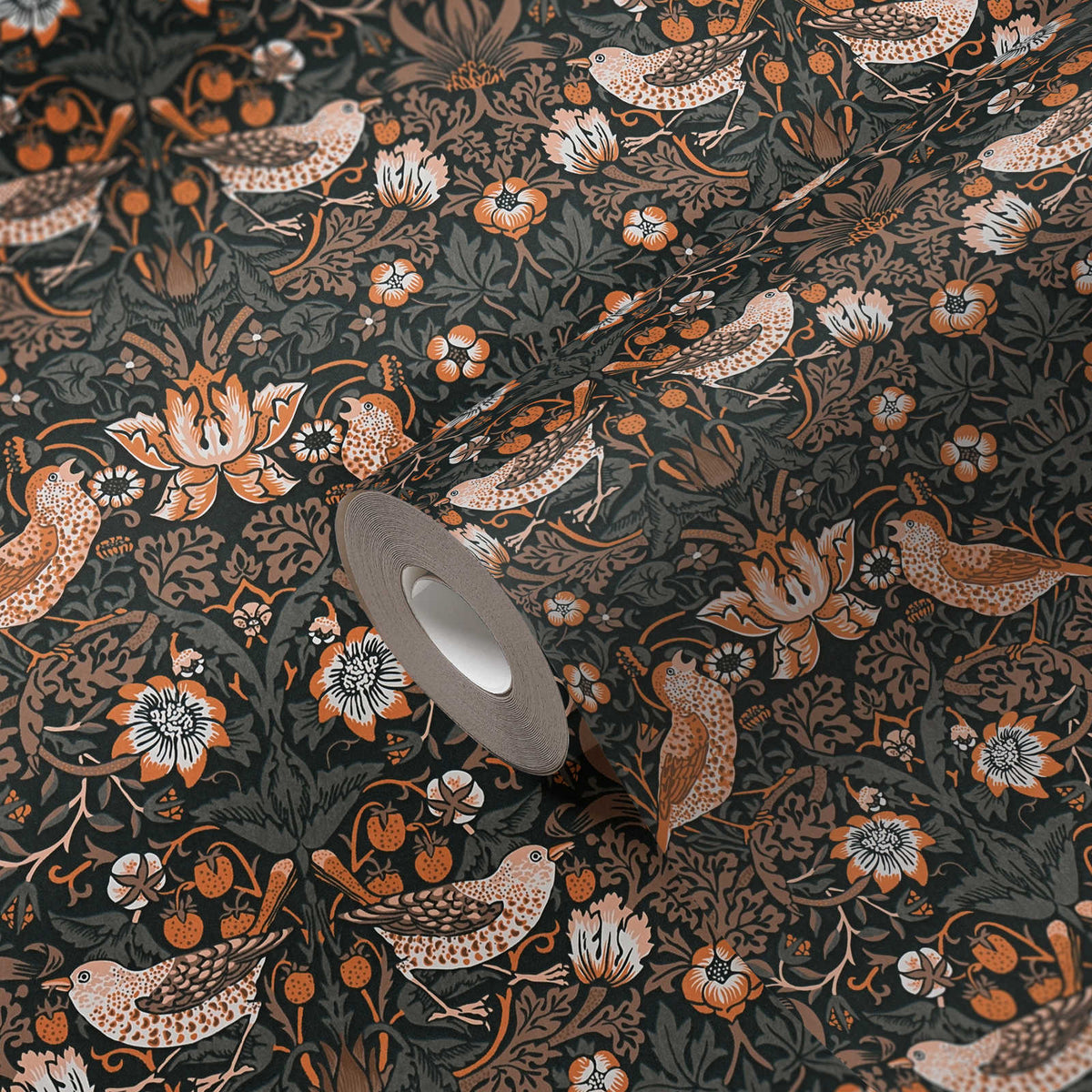 Roll of The Agapanthus Conservatory | Deep Black & Smoked Grey Luxe partly unrolled, 0.53 m × 10.05 m