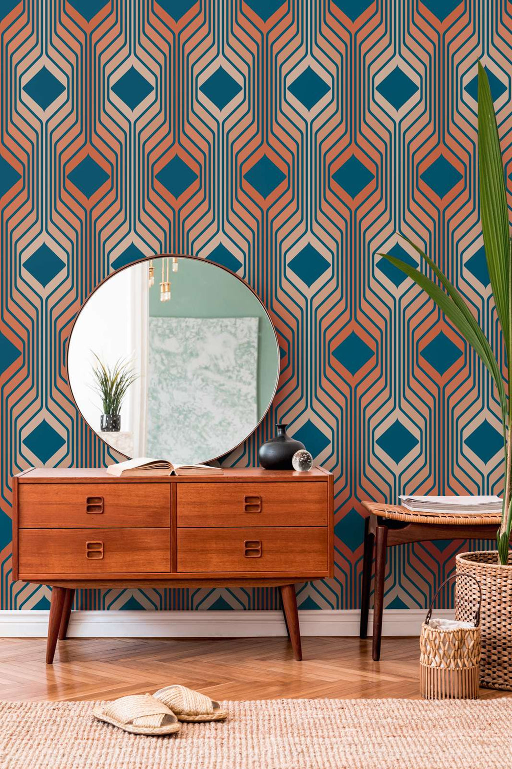 The Kilim Corridor | Azure & Blush Luxe wallpaper shown hung on a styled interior wall