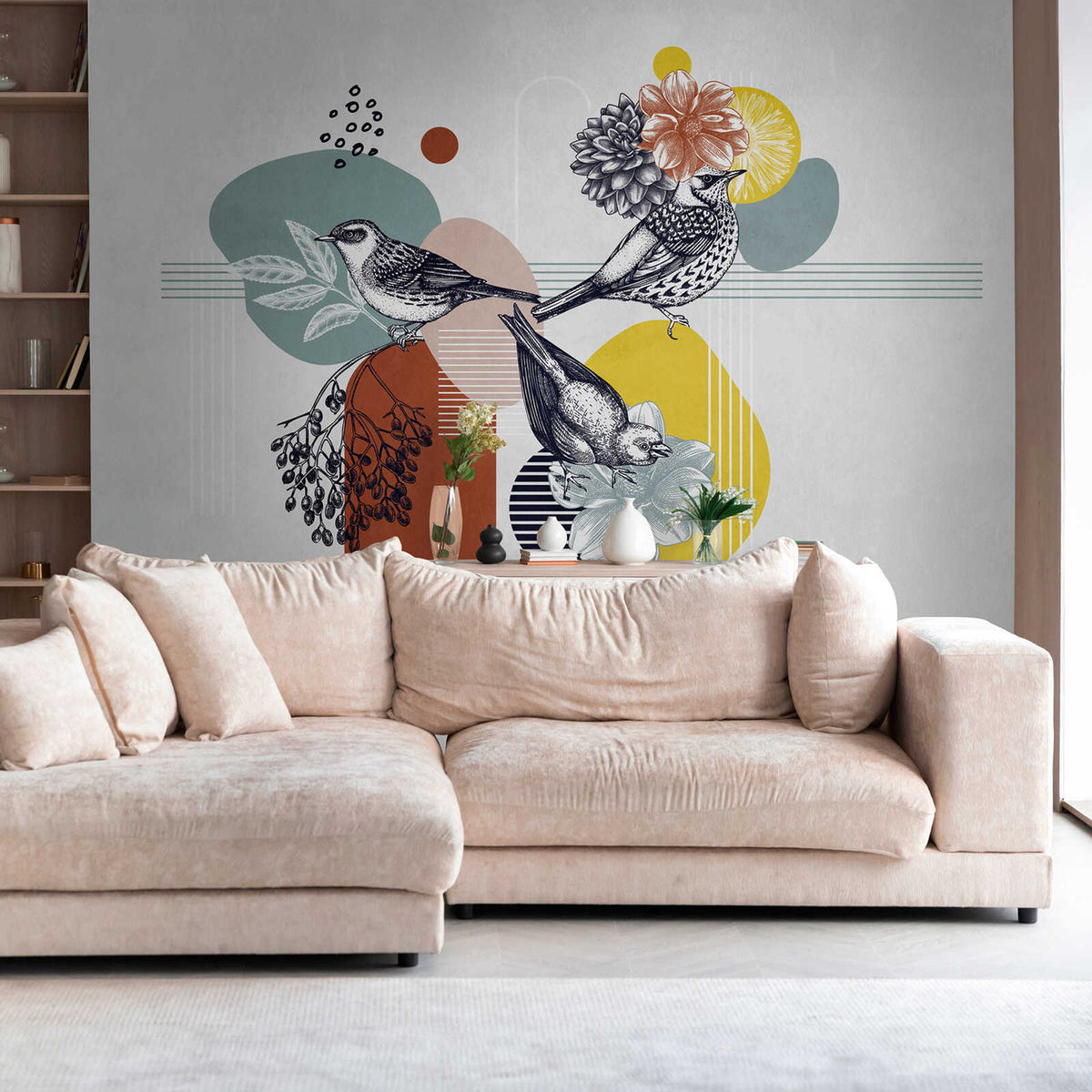 The Songbird Botanica, songbird and dahlia collage mural in terracotta, ochre and teal, A.S. Création view 4