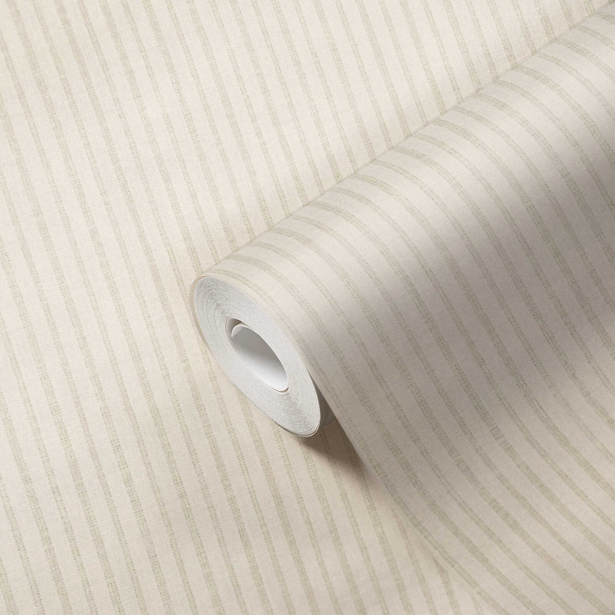 Roll of The Candy Stripe Atelier | Warm Beige & Cream Luxe partly unrolled, 0.53 m × 10.05 m