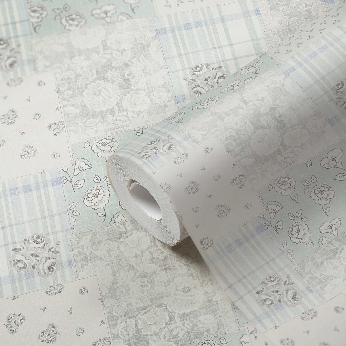 Roll of The Tansy Arbour | Azure & Smoked Grey Luxe partly unrolled, 0.53 m × 10.05 m