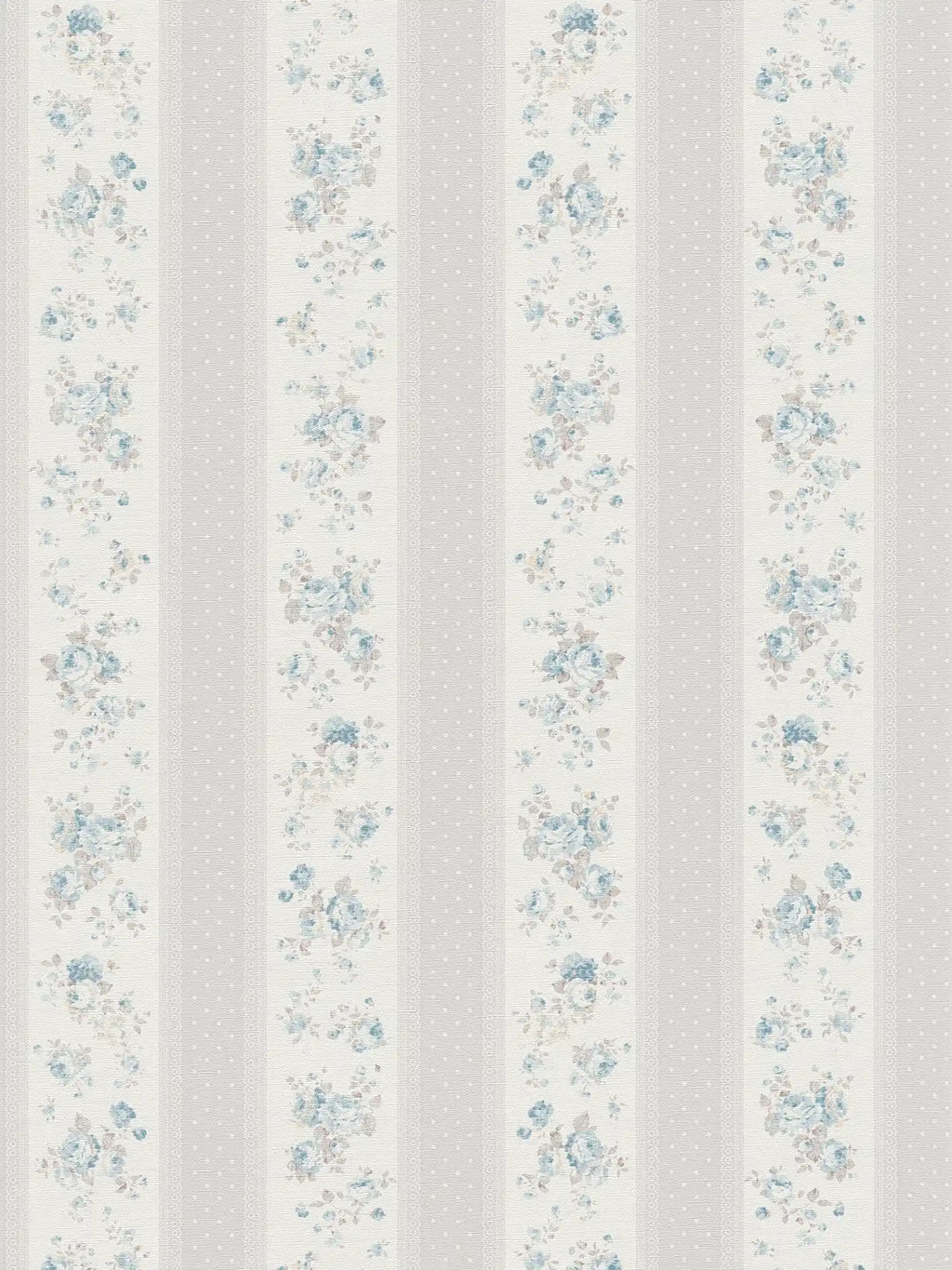 Flat view of the faded blue rose and dotted grey stripe pattern of The Cornflower Parlour | Dove Grey & Delft Blue Luxe