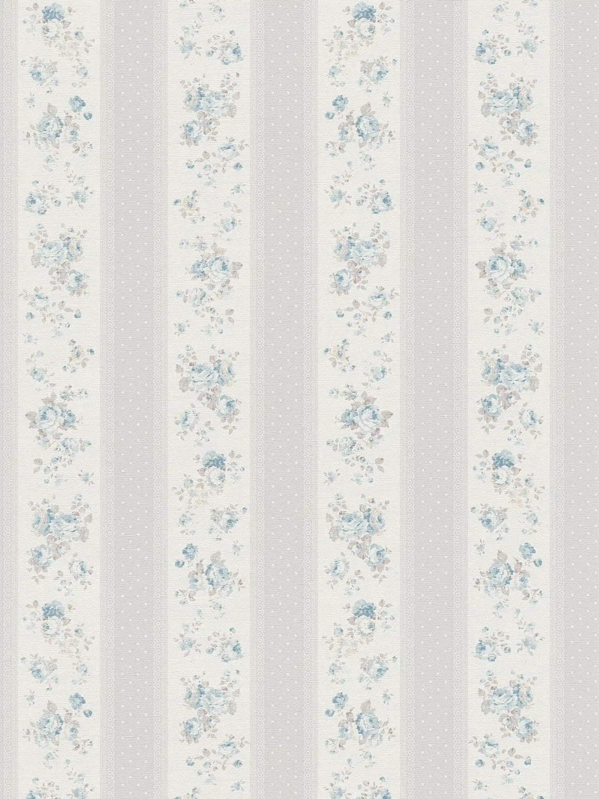 Flat view of the faded blue rose and dotted grey stripe pattern of The Cornflower Parlour | Dove Grey & Delft Blue Luxe