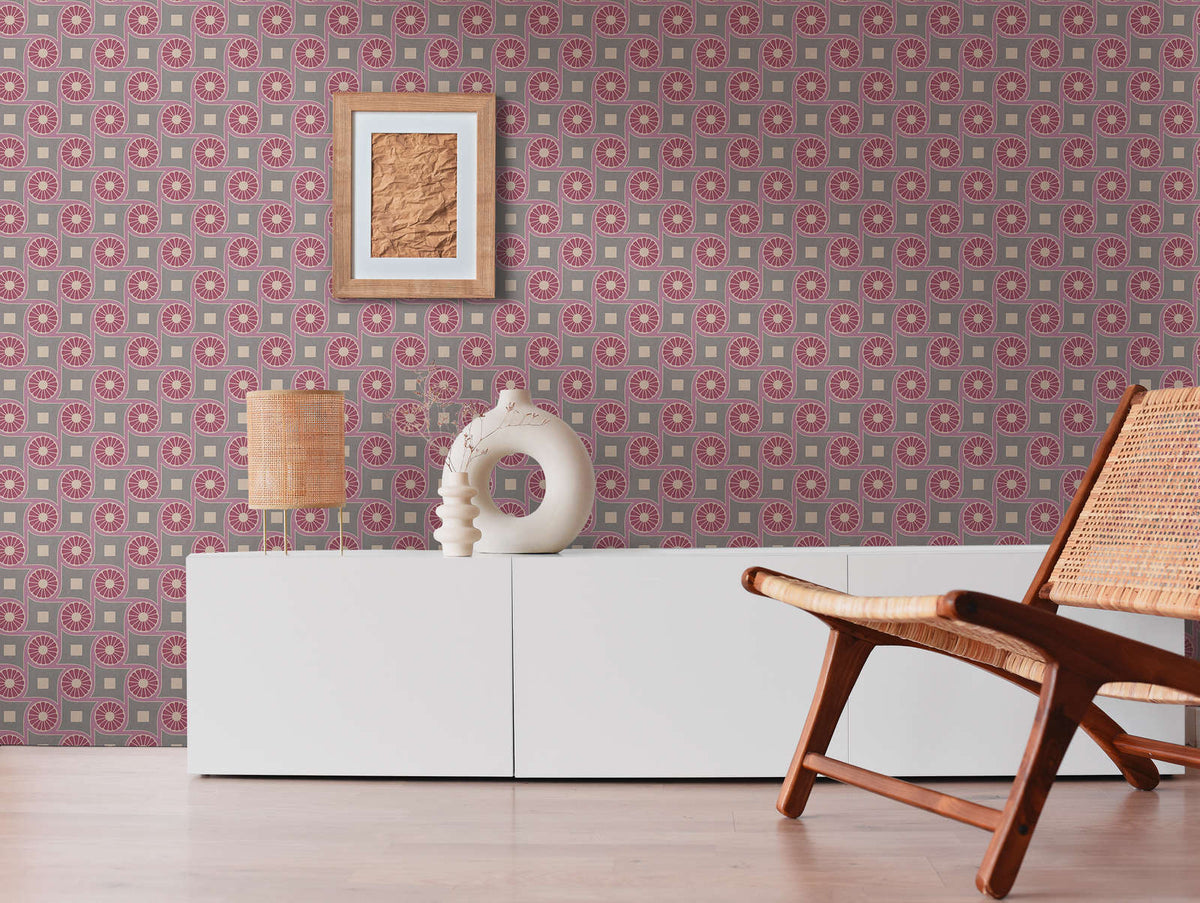 The Tessera Passage | Warm Beige & Smoked Grey Luxe wallpaper shown hung on a styled interior wall