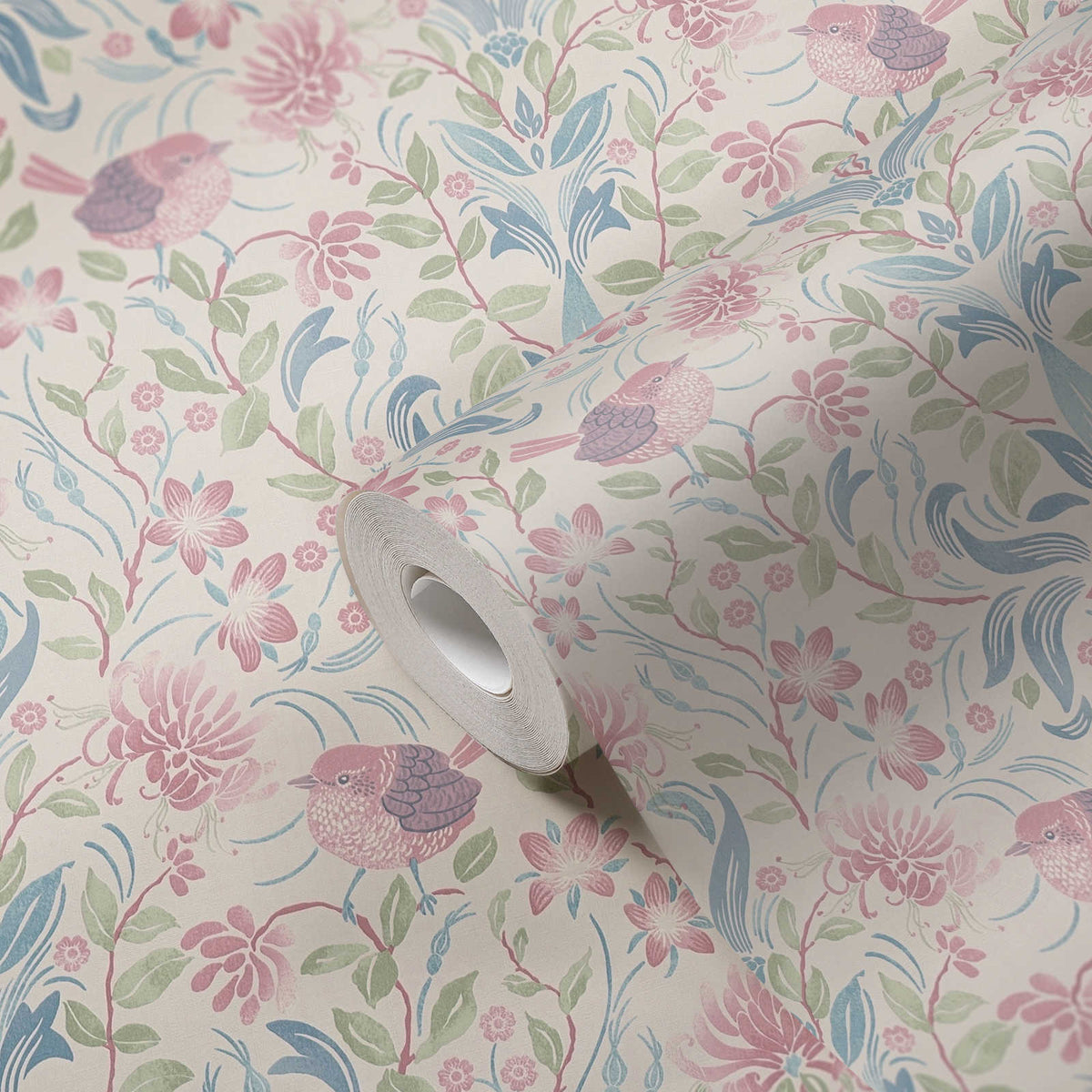Roll of The Verbena Bower | Azure & Cream Luxe partly unrolled, 0.53 m × 10.05 m