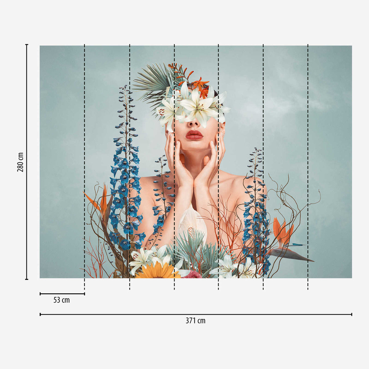 The Botanical Muse, surreal floral portrait mural with azure delphiniums, A.S. Création view 7