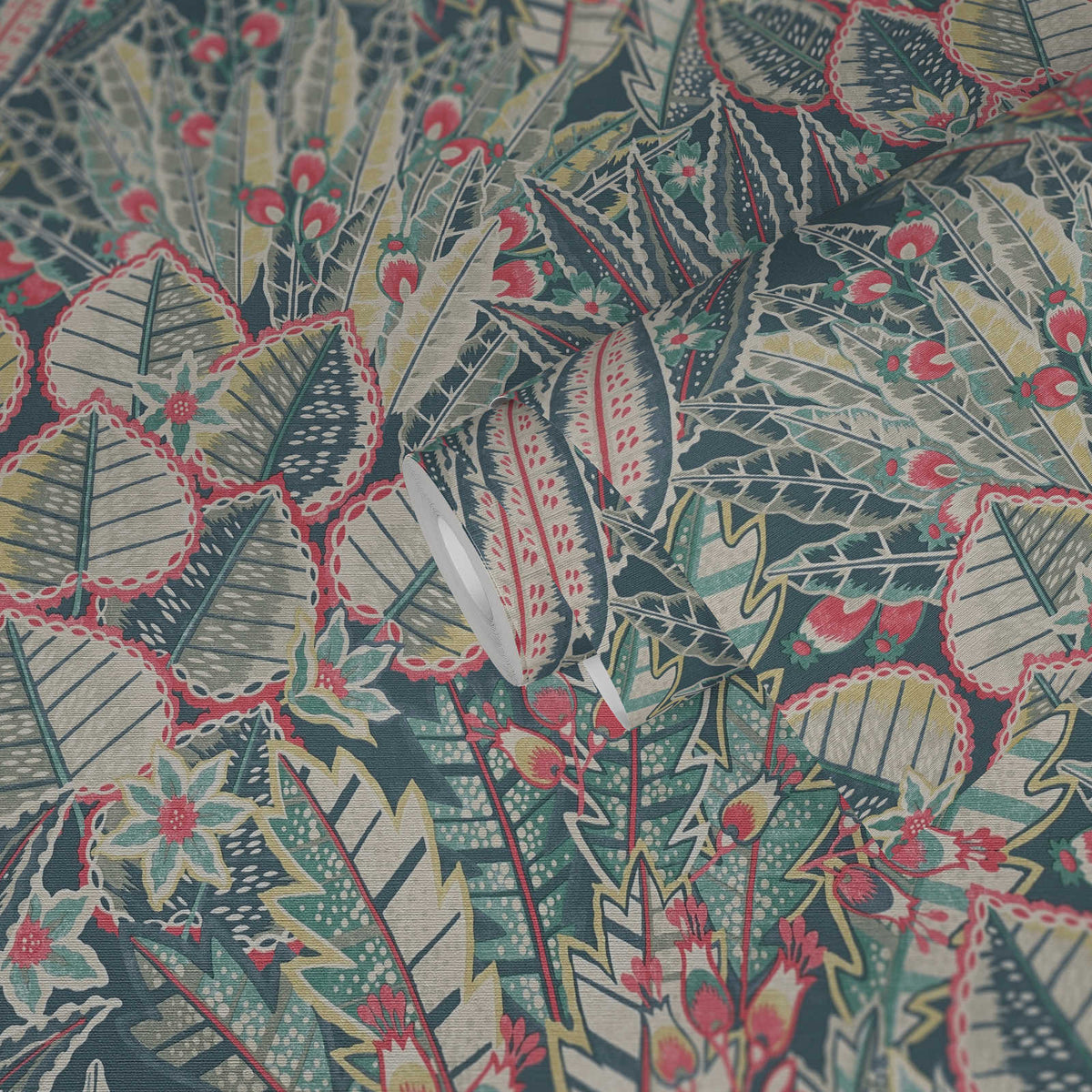 Roll of The Larkspur Folio | Azure & Sage Luxe partly unrolled, 0.53 m × 10.05 m