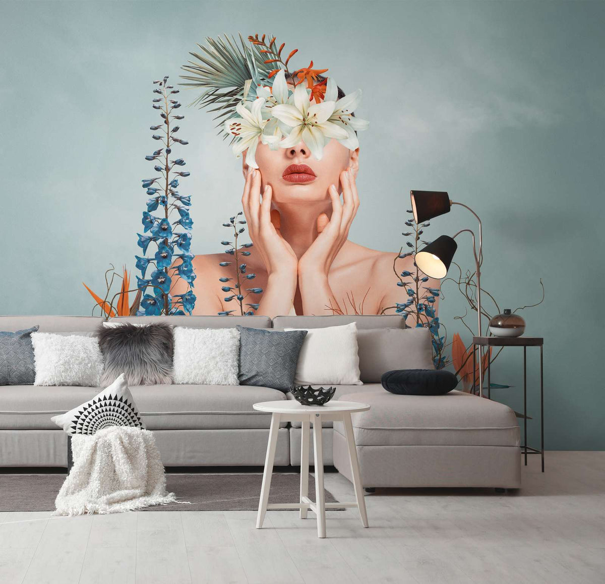 The Botanical Muse, surreal floral portrait mural with azure delphiniums, A.S. Création view 3