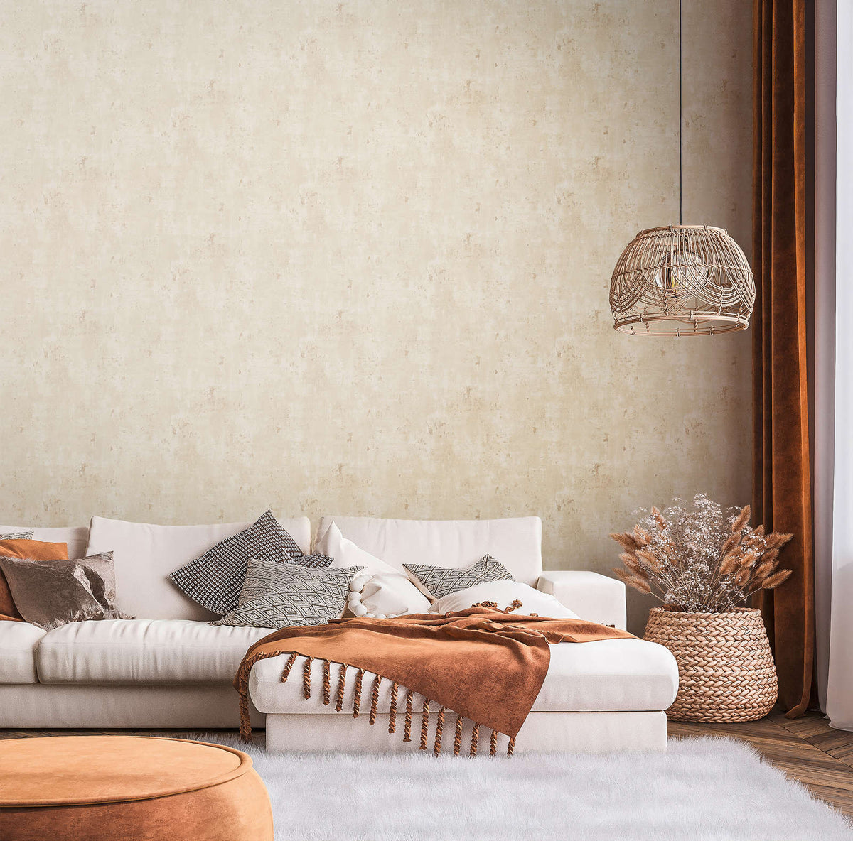 The Arabesque Landing | Warm Beige & Cream Luxe wallpaper shown hung on a styled interior wall (official room photo)