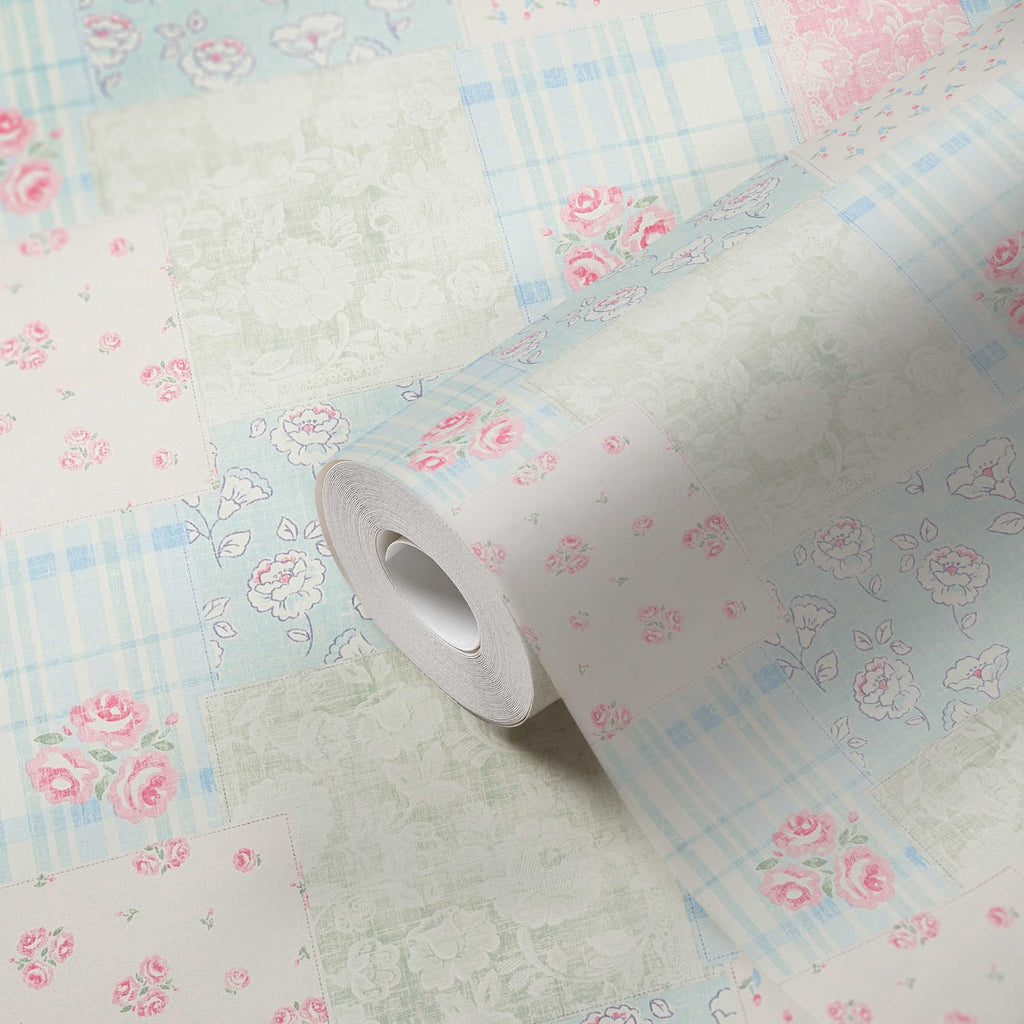 Roll of The Celandine Garden Room | Azure & Cream Luxe partly unrolled, 0.53 m × 10.05 m