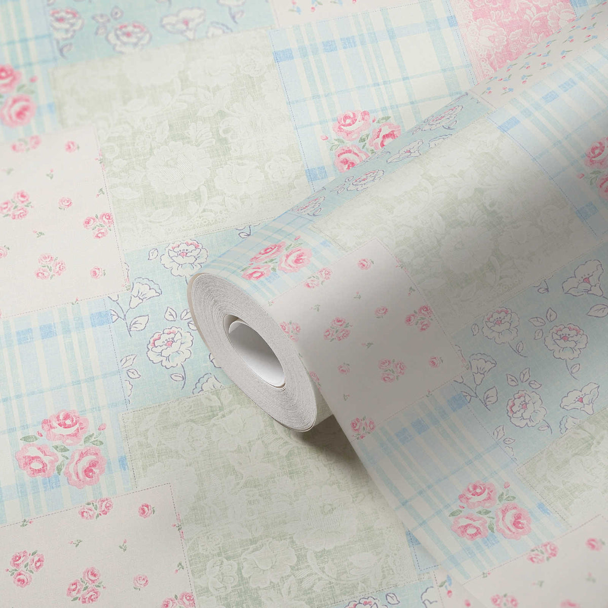 Roll of The Celandine Garden Room | Azure & Cream Luxe partly unrolled, 0.53 m × 10.05 m