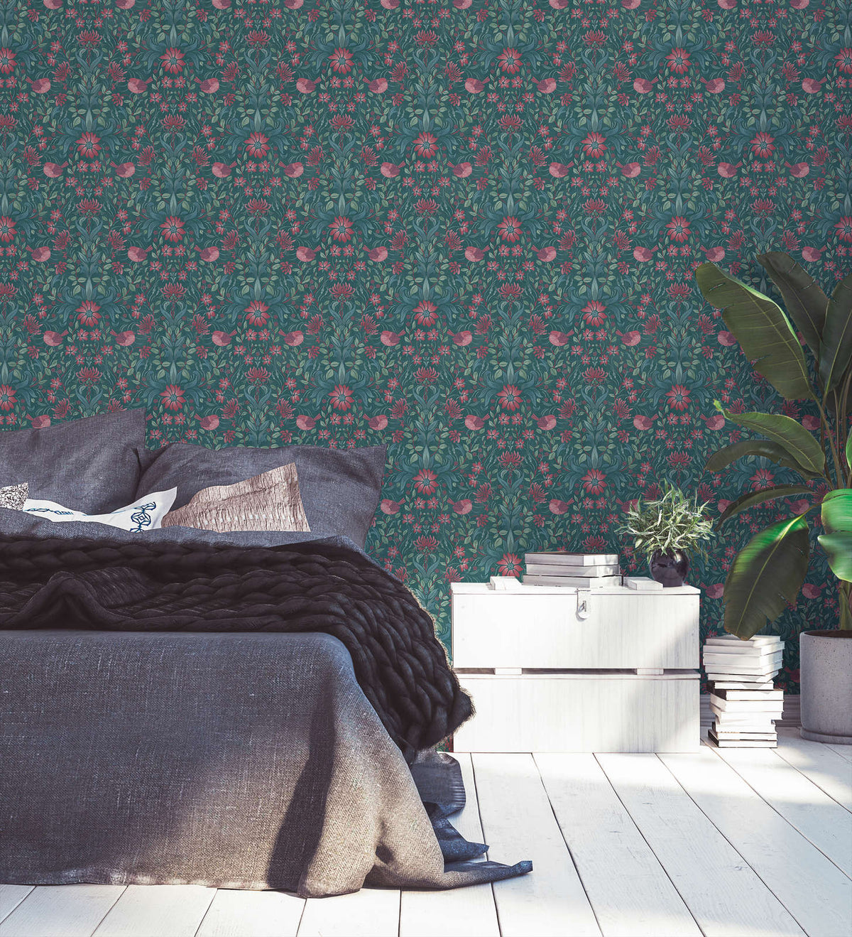 The Borage Conservatory | Azure & Sage Luxe wallpaper shown hung on a styled interior wall (official room photo)