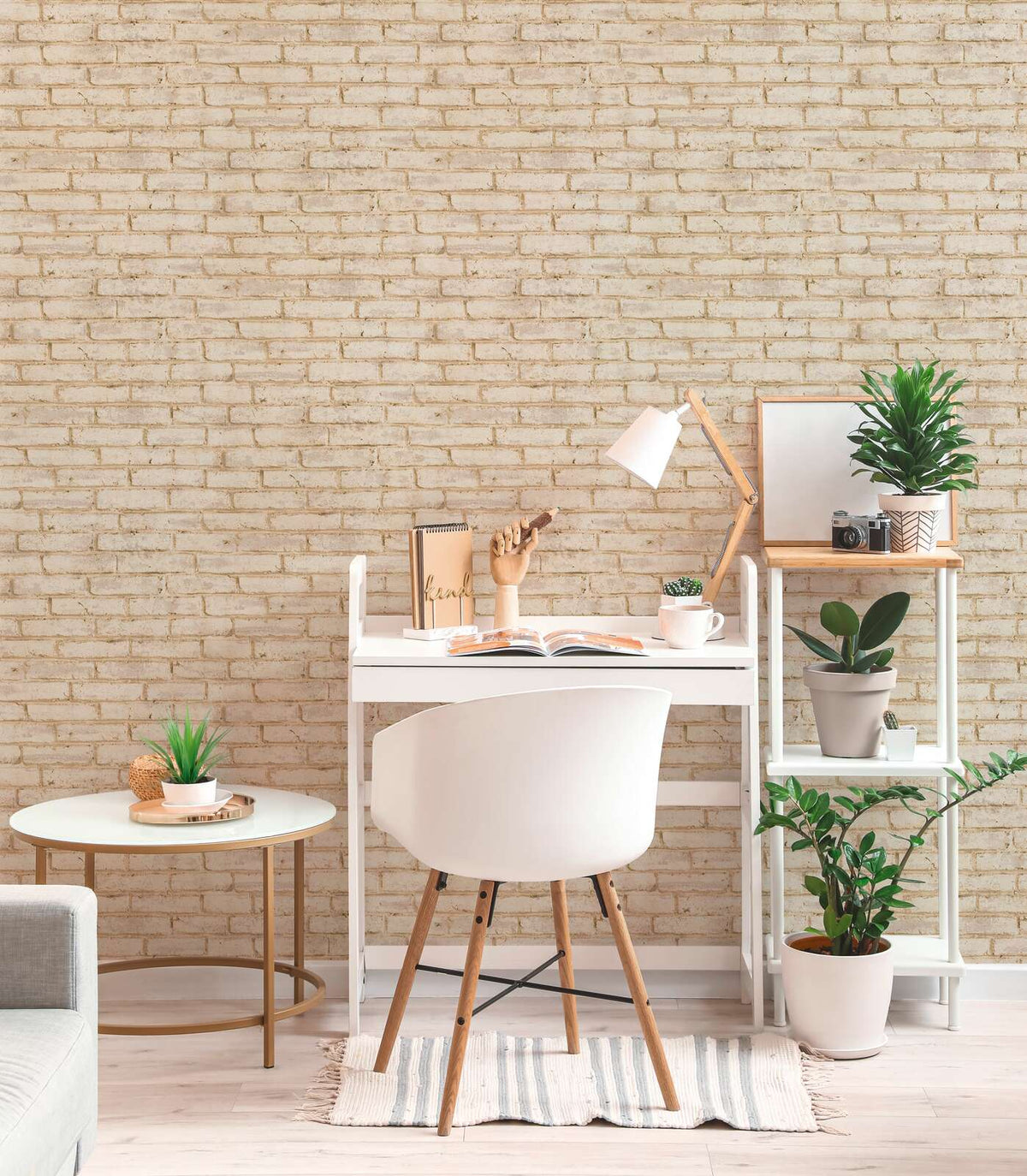 The Whitewash Terrace | Cream Sand Luxe wallpaper hung behind a white desk and chair with potted plants in a study nook