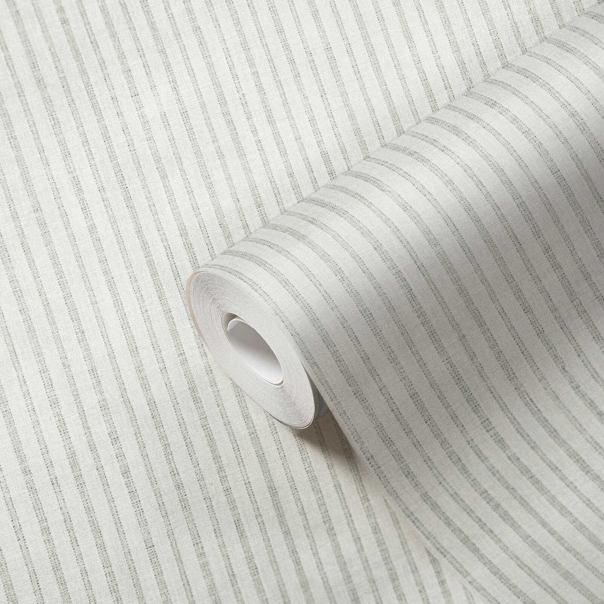Roll of The Hushed Pinstripe | Mist Grey Luxe partly unrolled showing the fine stripe