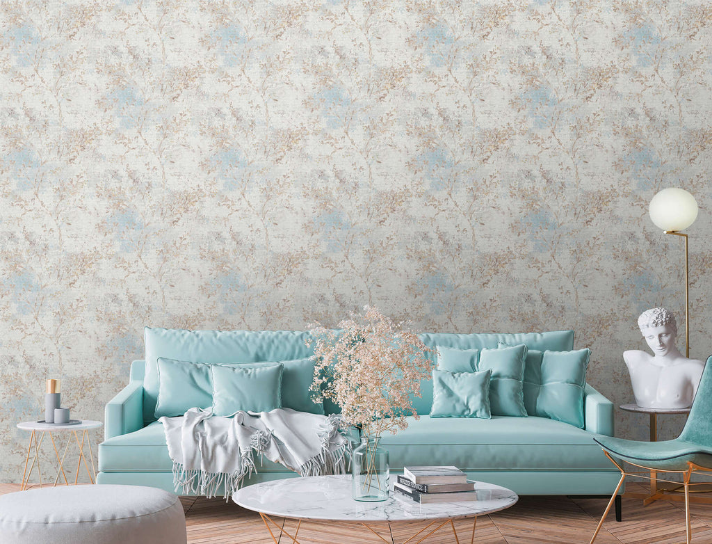 The Watercolour Bloom watercolour floral wallpaper in azure, taupe and ochre with metallic gold, A.S. Création, styled in a room