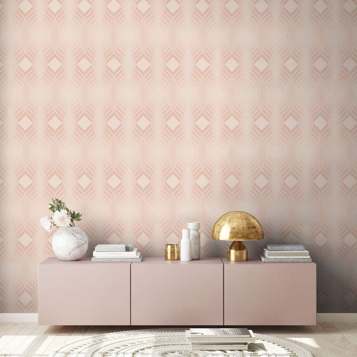 The Lattice Passage | Warm Beige & Blush Luxe wallpaper shown hung on a styled interior wall