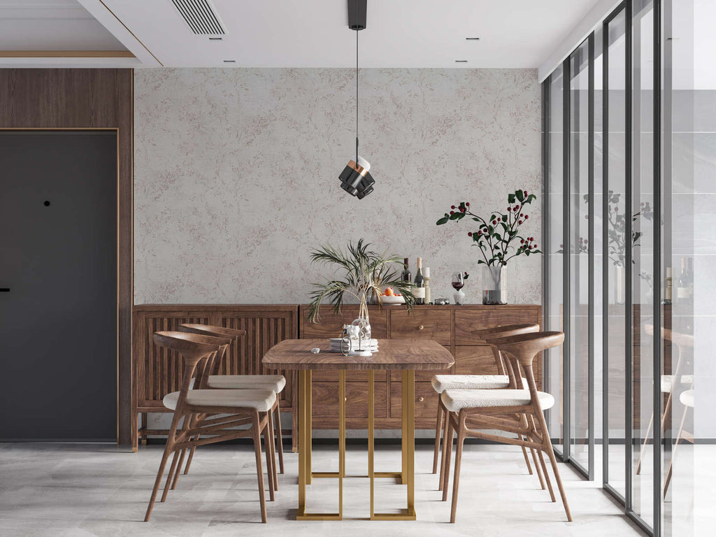 The Forget-me-not Almanac | Warm Beige & Bronze Luxe wallpaper shown hung on a styled interior wall (official room photo)