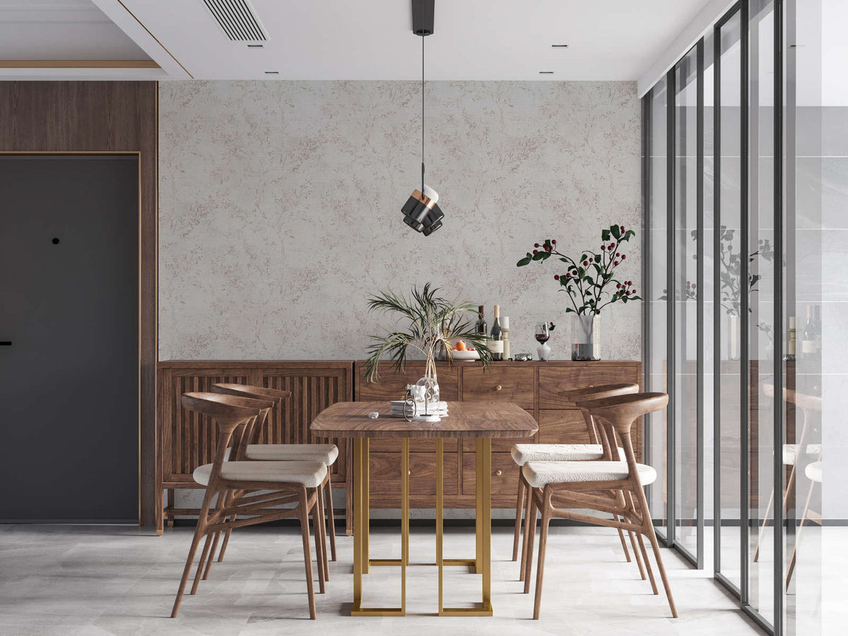 The Forget-me-not Almanac | Warm Beige & Bronze Luxe wallpaper shown hung on a styled interior wall (official room photo)