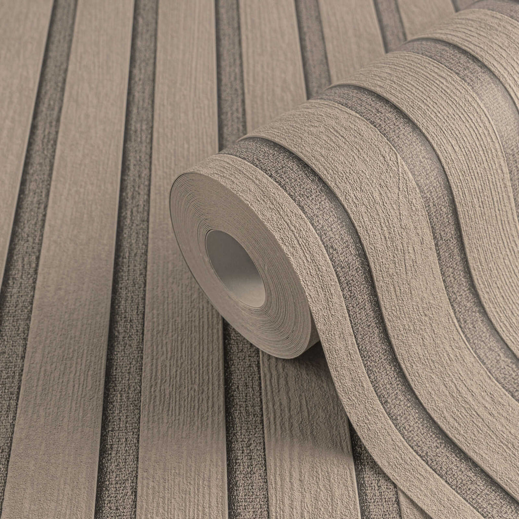 Roll of The Fluted Gallery | Driftwood Taupe Luxe partly unrolled showing the slatted stripe