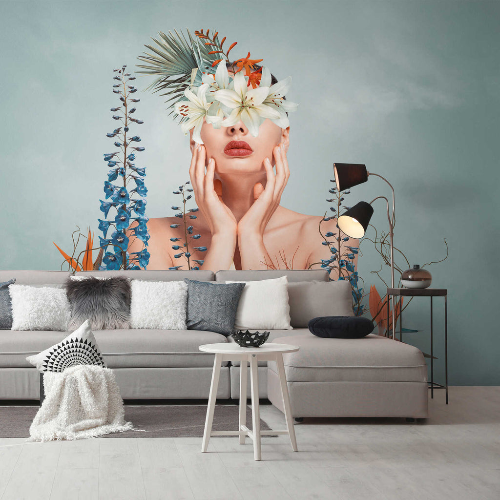 The Botanical Muse, surreal floral portrait mural with azure delphiniums, A.S. Création view 4