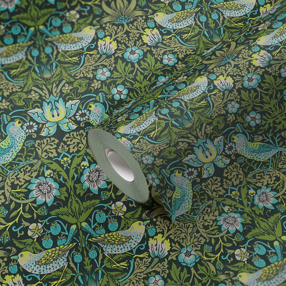 Roll of The Speedwell Arbour | Azure & Sage Luxe partly unrolled, 0.53 m × 10.05 m