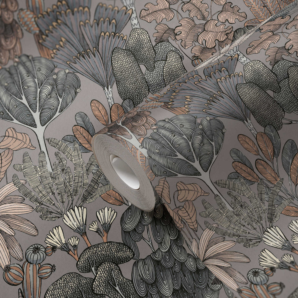 Roll of The Understory Atelier | Taupe Grey Luxe partly unrolled showing the leaf and plume design