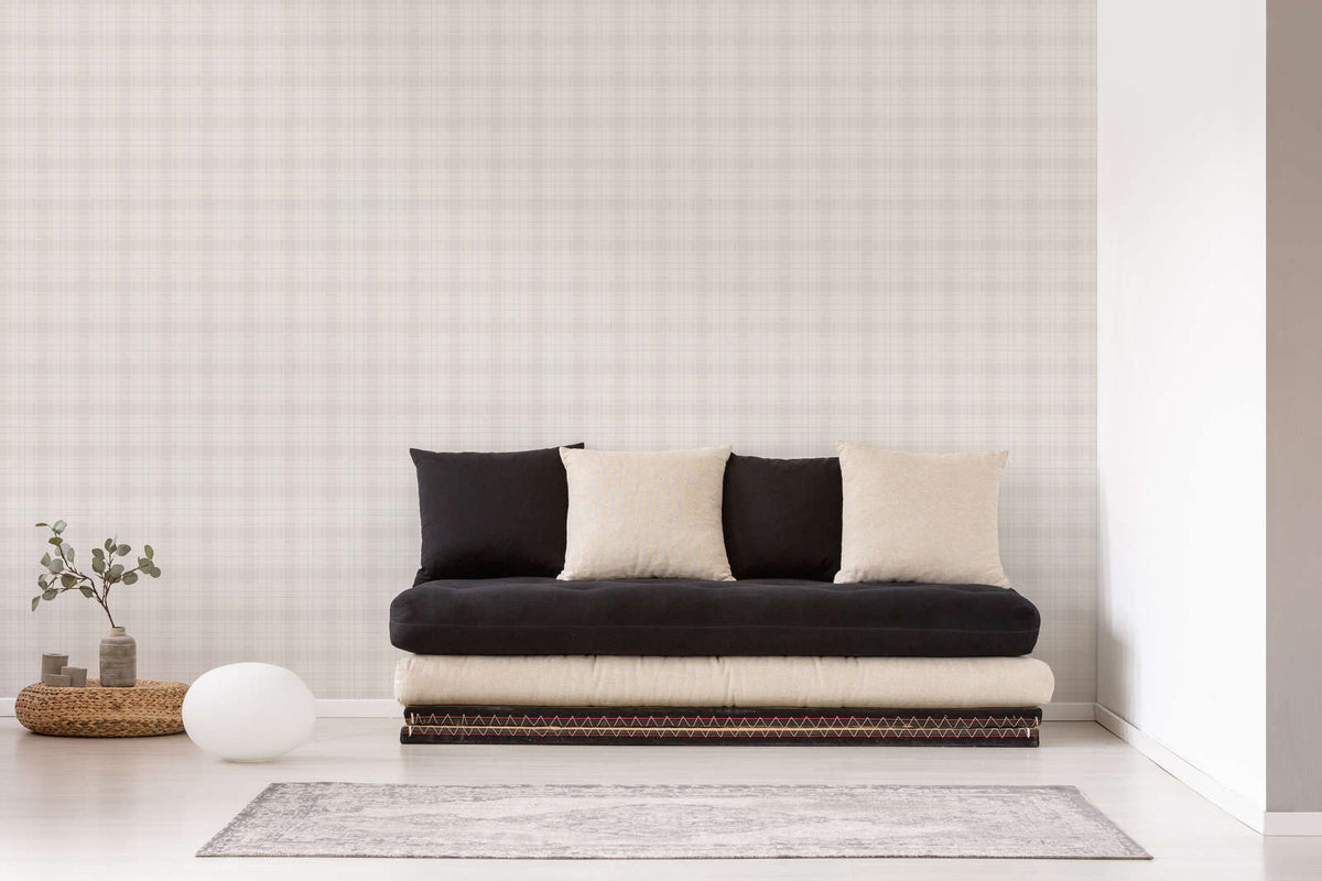 The Prism Loggia | Warm Beige & Cream Luxe wallpaper shown hung on a styled interior wall (official room photo)