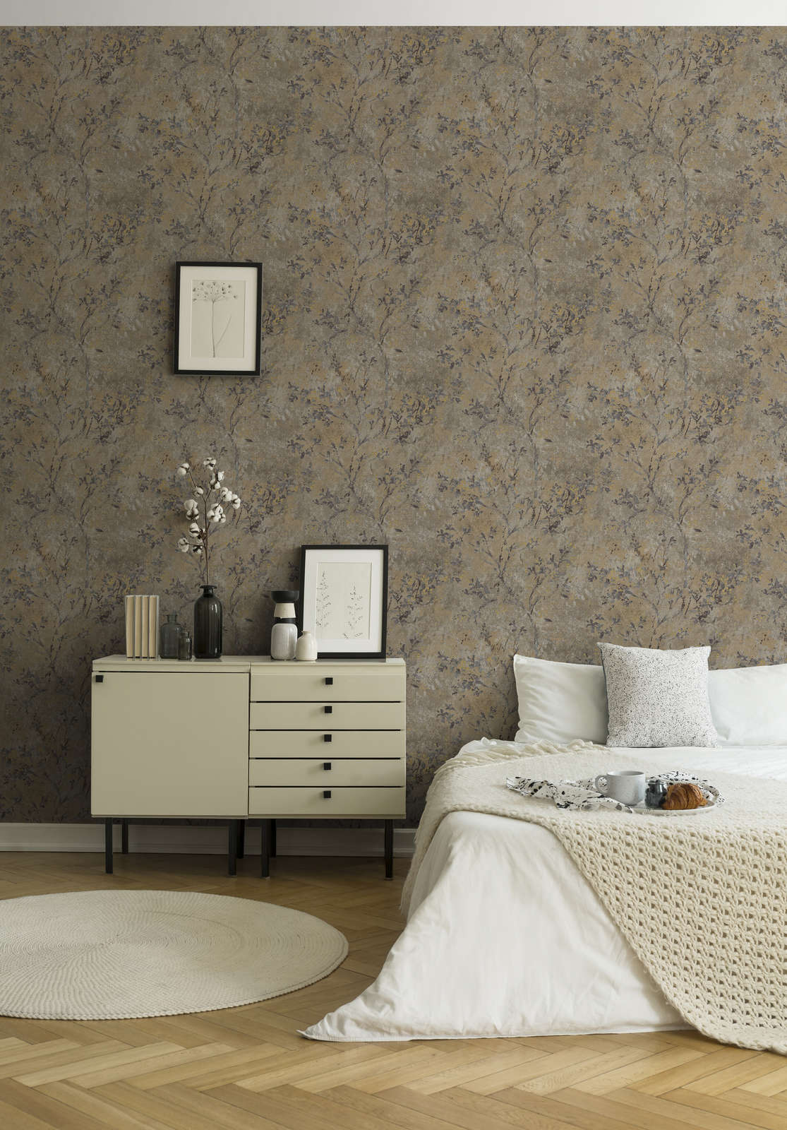 The Quince Blossom Conservatory | Warm Beige & Deep Black Luxe wallpaper shown hung on a styled interior wall (official room photo)