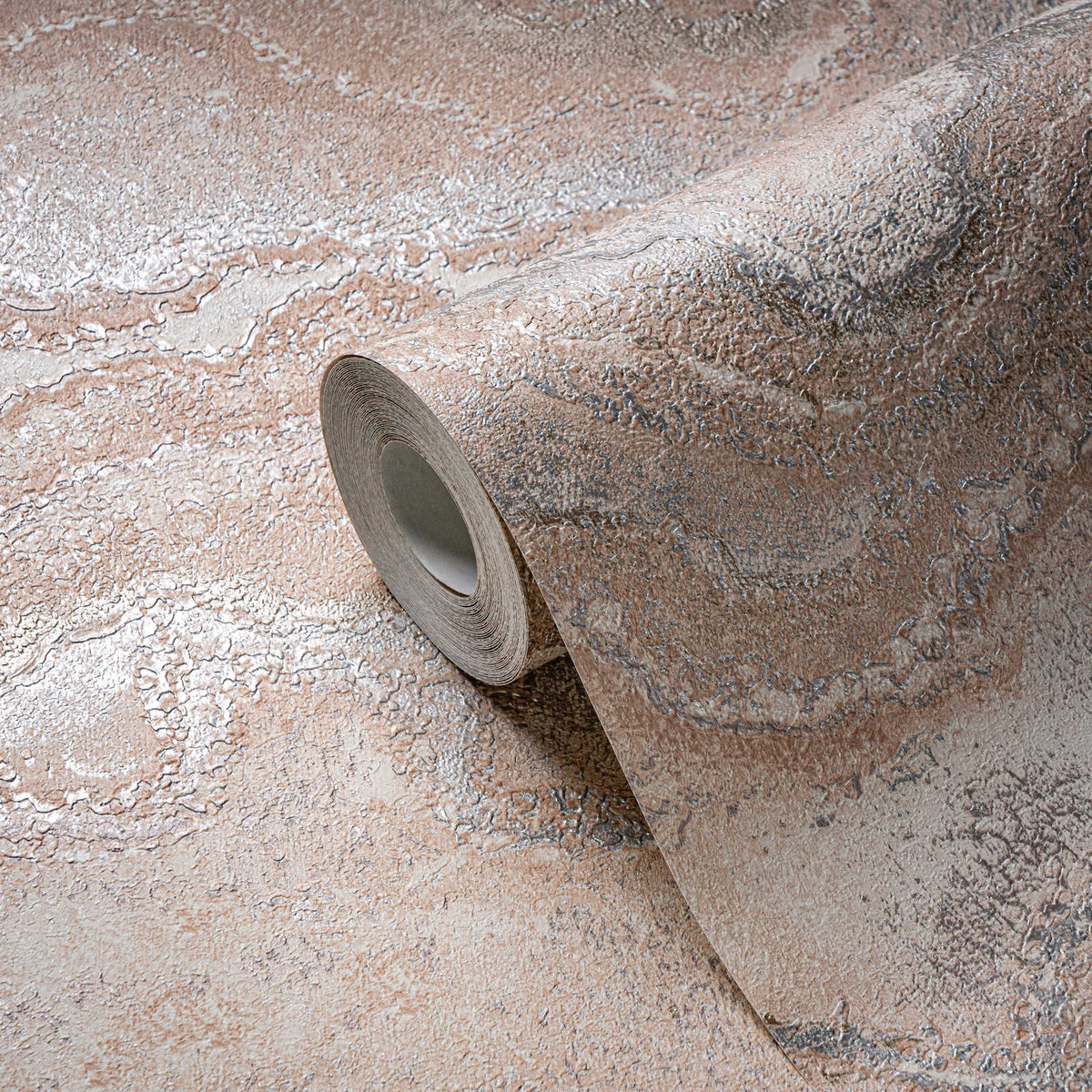 Roll of The Travertine Tide | Sand Pearl Luxe partly unrolled showing the metallic strata