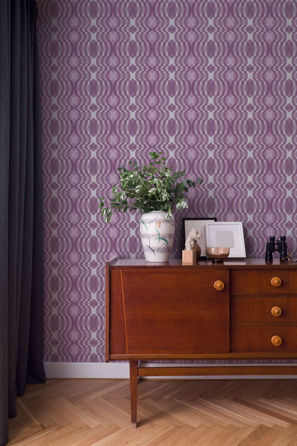 The Fretwork Colonnade | Cream & Violet Luxe wallpaper shown hung on a styled interior wall