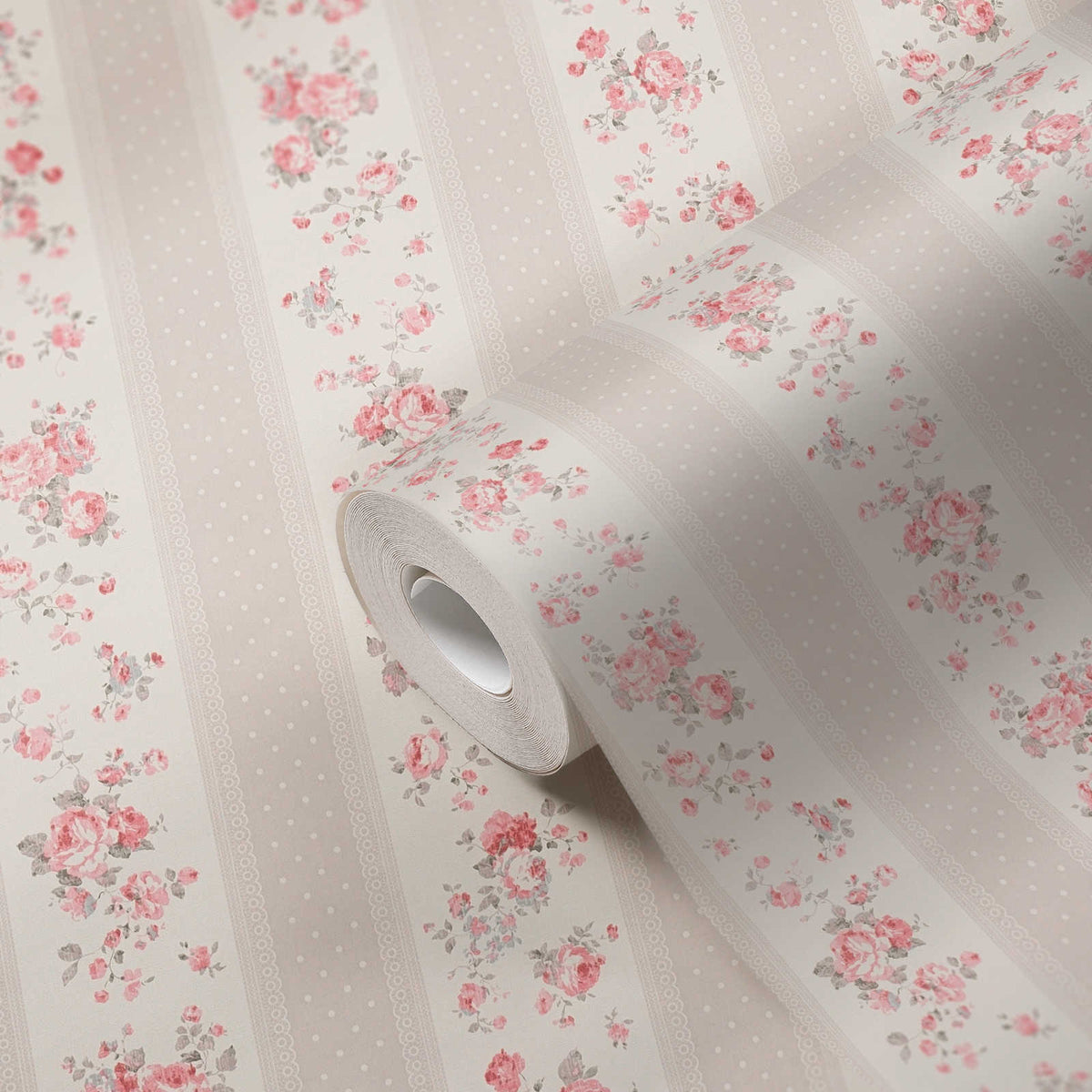 Roll of The Honeywort Arbour | Warm Beige & Blush Luxe partly unrolled, 0.53 m × 10.05 m