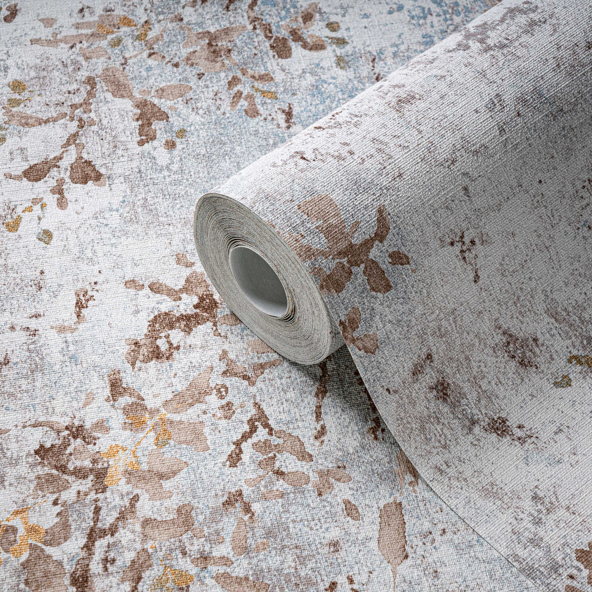 The Watercolour Bloom, watercolour floral wallpaper in azure, taupe and ochre with metallic gold, A.S. Création view 3