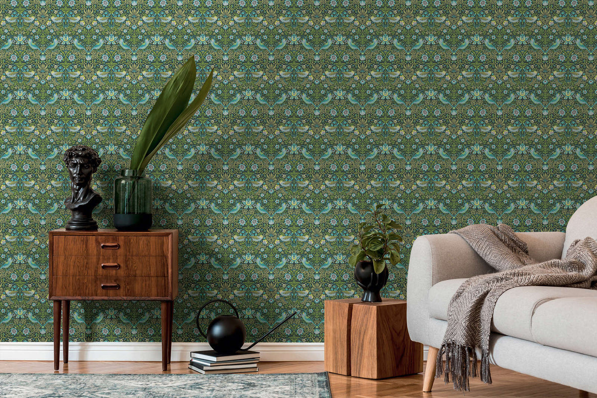The Speedwell Arbour | Azure & Sage Luxe wallpaper shown hung on a styled interior wall