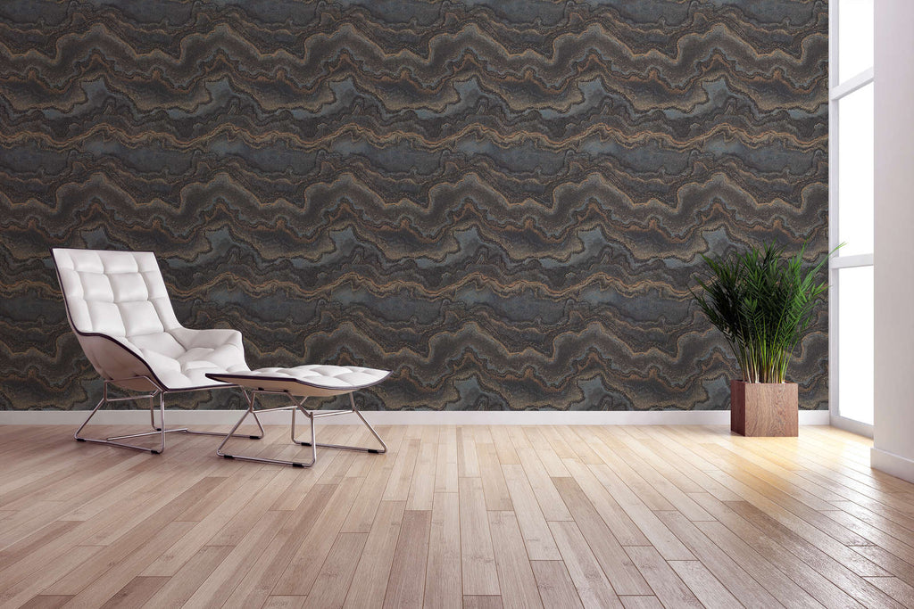 The Chalcedony Studio | Deep Black & Copper Luxe wallpaper shown hung on a styled interior wall (official room photo)