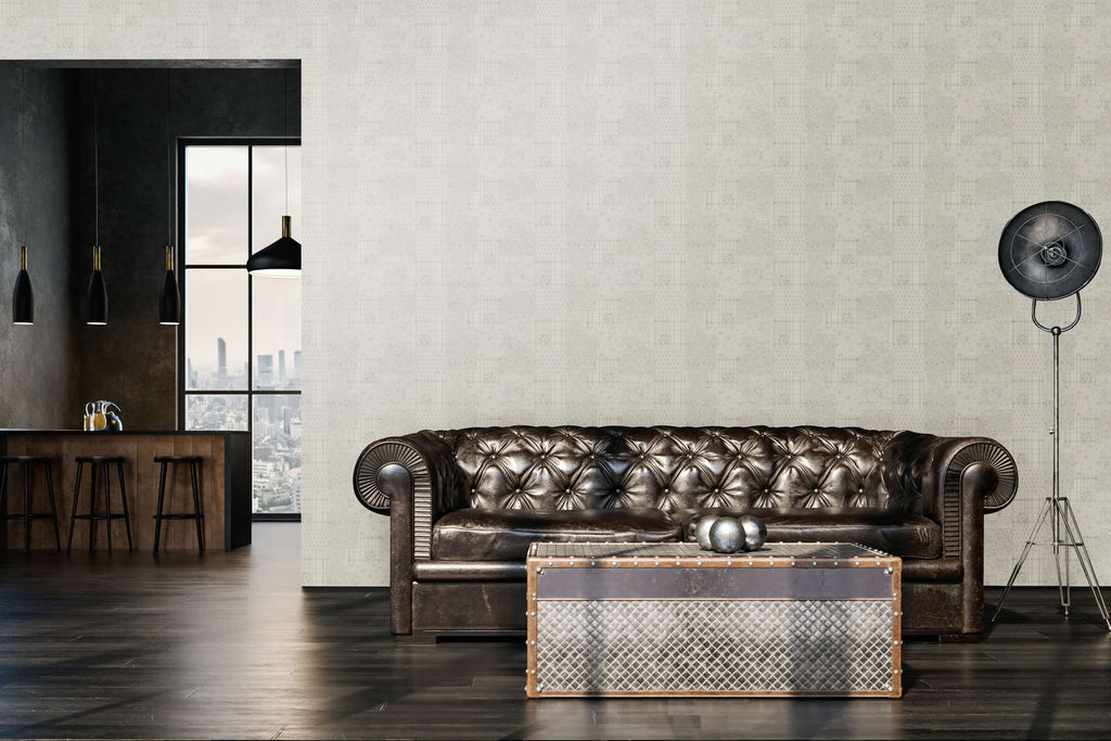 The Trillium Bower | Cream & Smoked Grey Luxe wallpaper shown hung on a styled interior wall (official room photo)