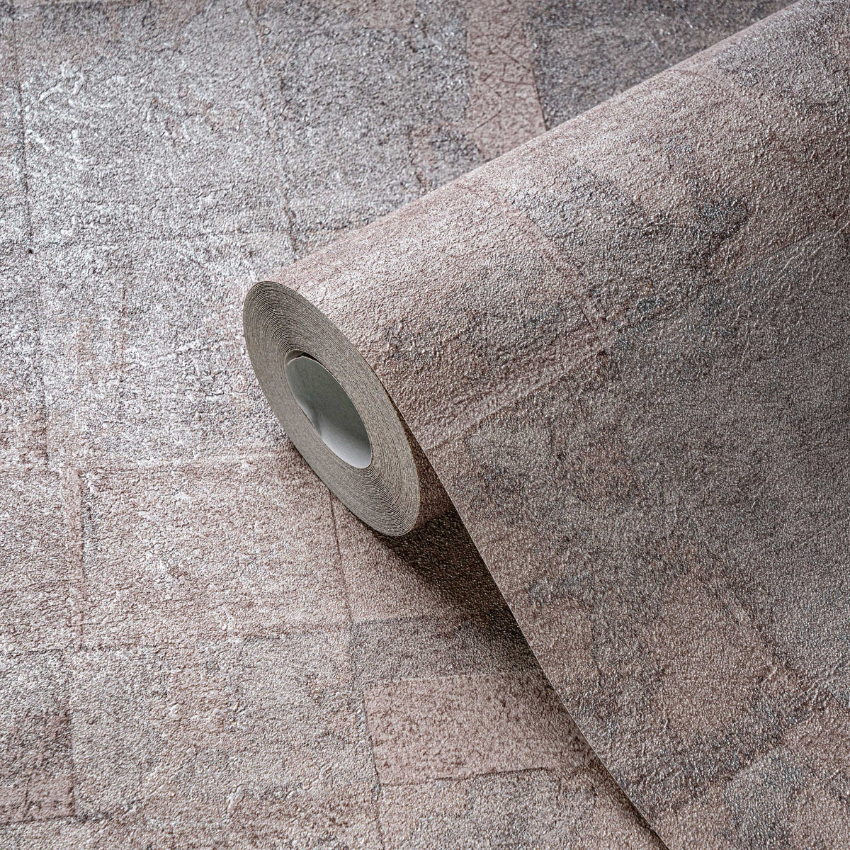Roll of The Mosaic Cloister | Mauve Silver Luxe partly unrolled showing the silver sheen