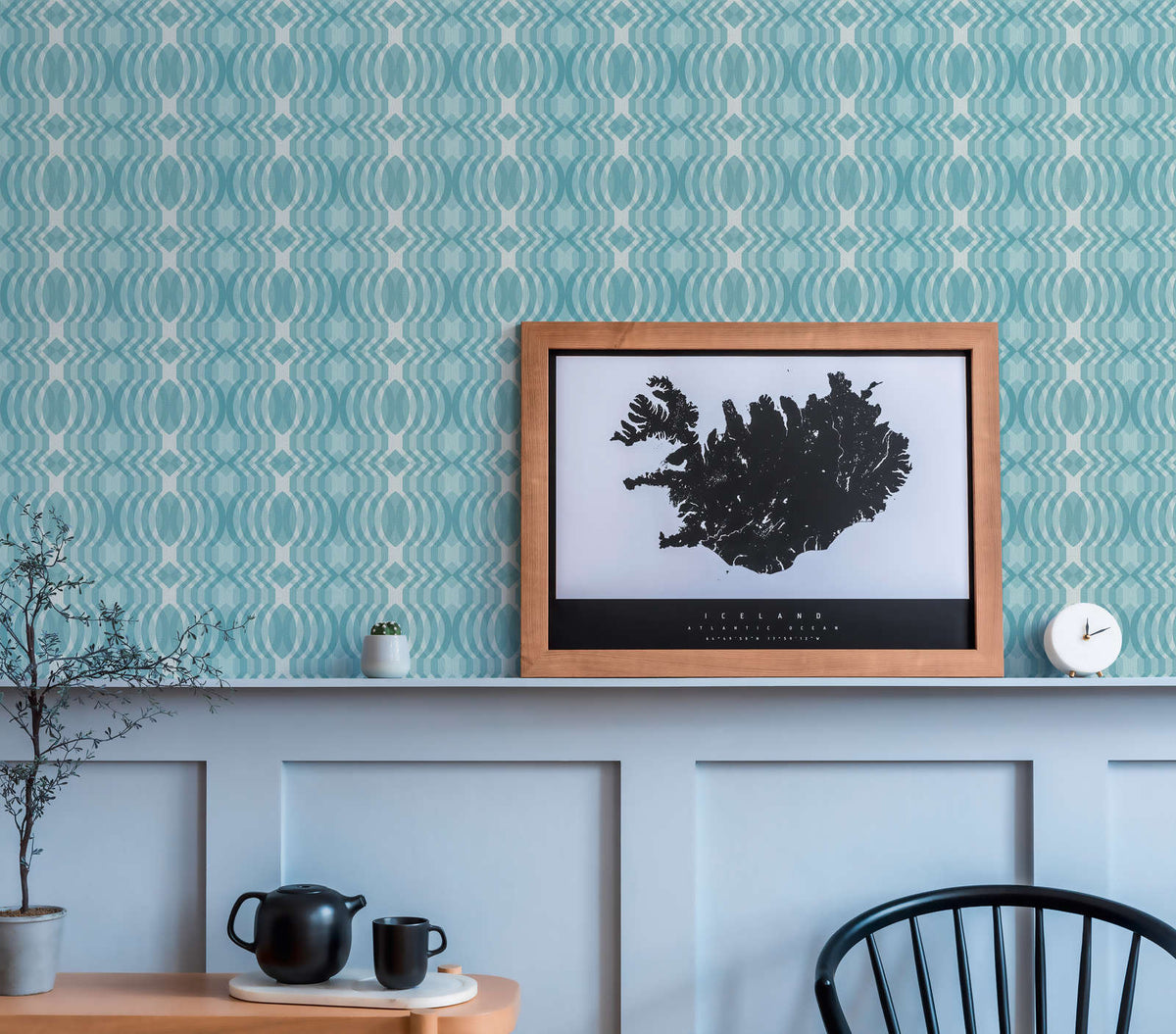 The Diamond Field Hall | Azure & Cream Luxe wallpaper shown hung on a styled interior wall