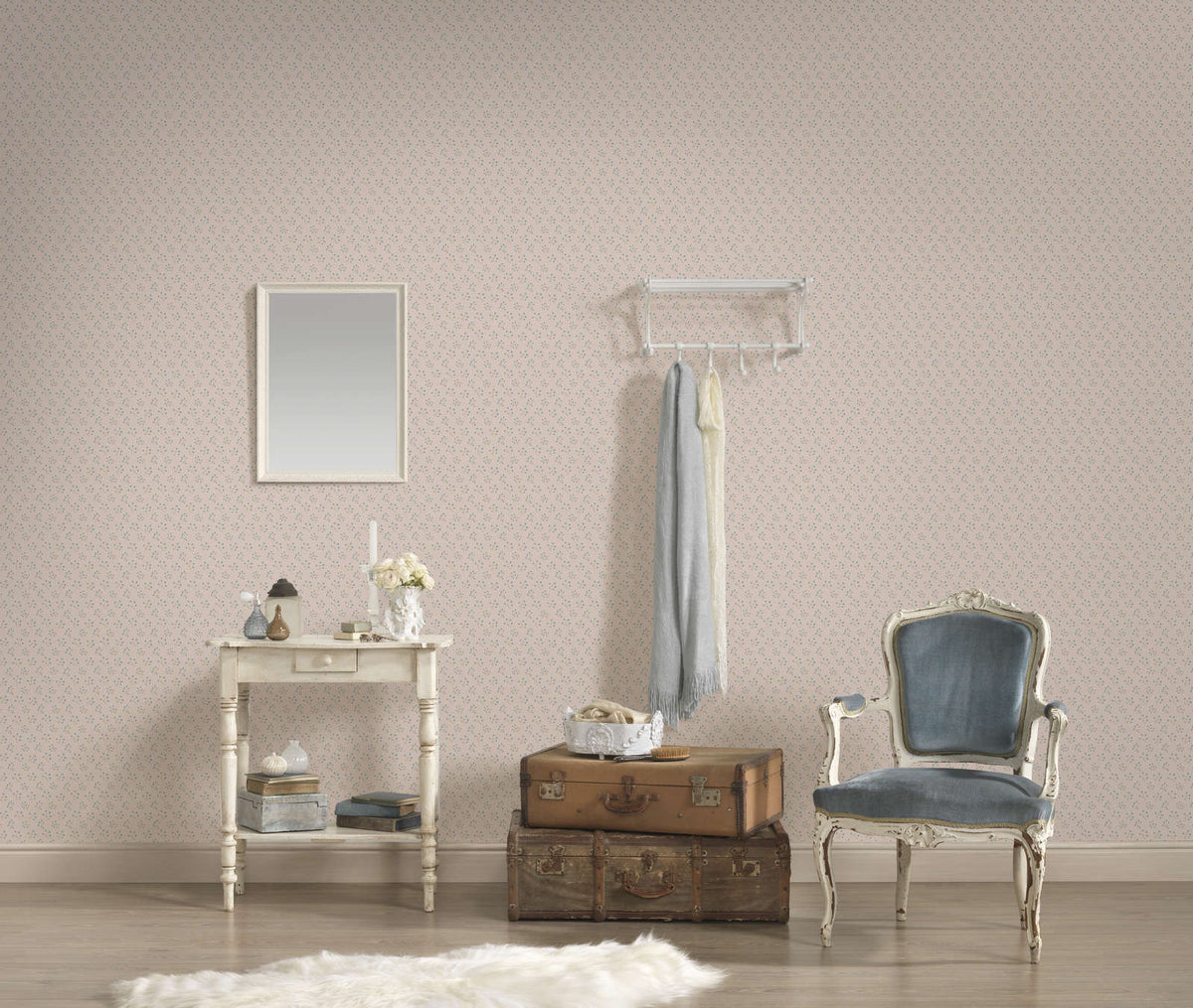 The Yarrow Pavilion | Azure & Cream Luxe wallpaper shown hung on a styled interior wall (official room photo)