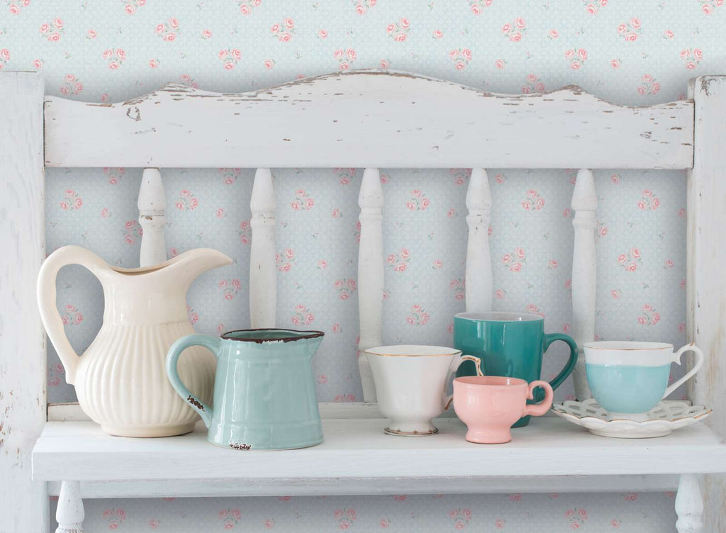 The Lupin Conservatory | Azure & Blush Luxe wallpaper shown hung on a styled interior wall (official room photo)