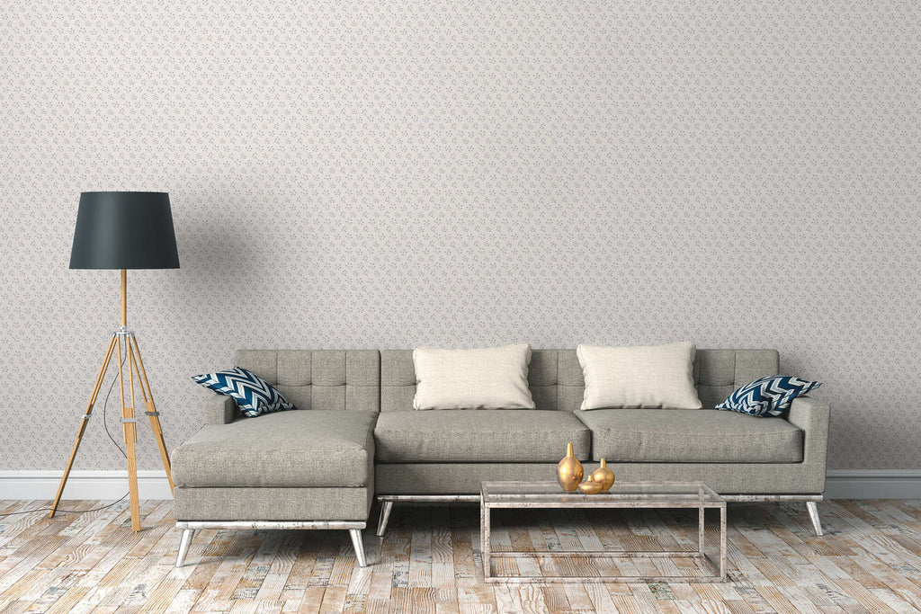 The Dahlia Glasshouse | Azure & Smoked Grey Luxe wallpaper shown hung on a styled interior wall (official room photo)