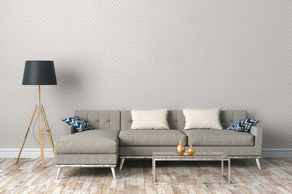 The Dahlia Glasshouse | Azure & Smoked Grey Luxe wallpaper shown hung on a styled interior wall (official room photo)