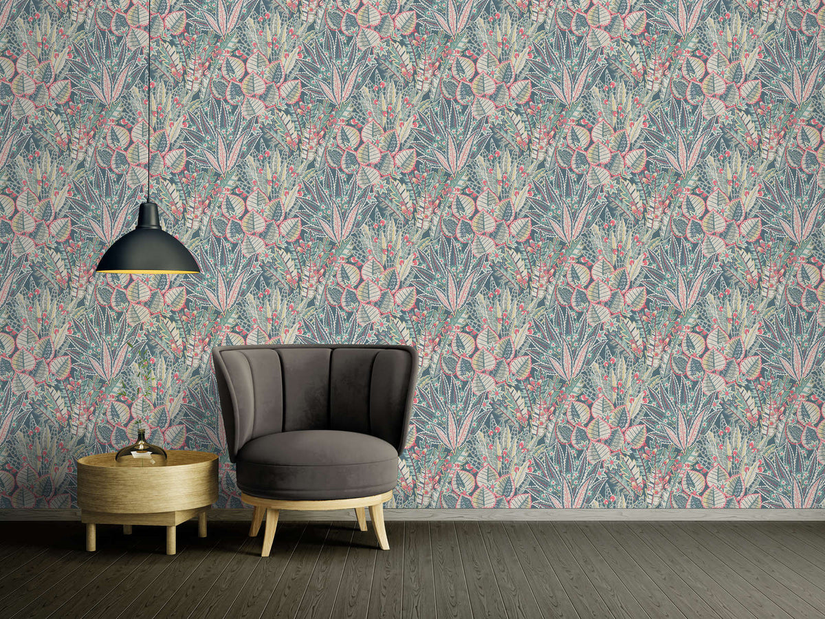 The Larkspur Folio | Azure & Sage Luxe wallpaper shown hung on a styled interior wall (official room photo)