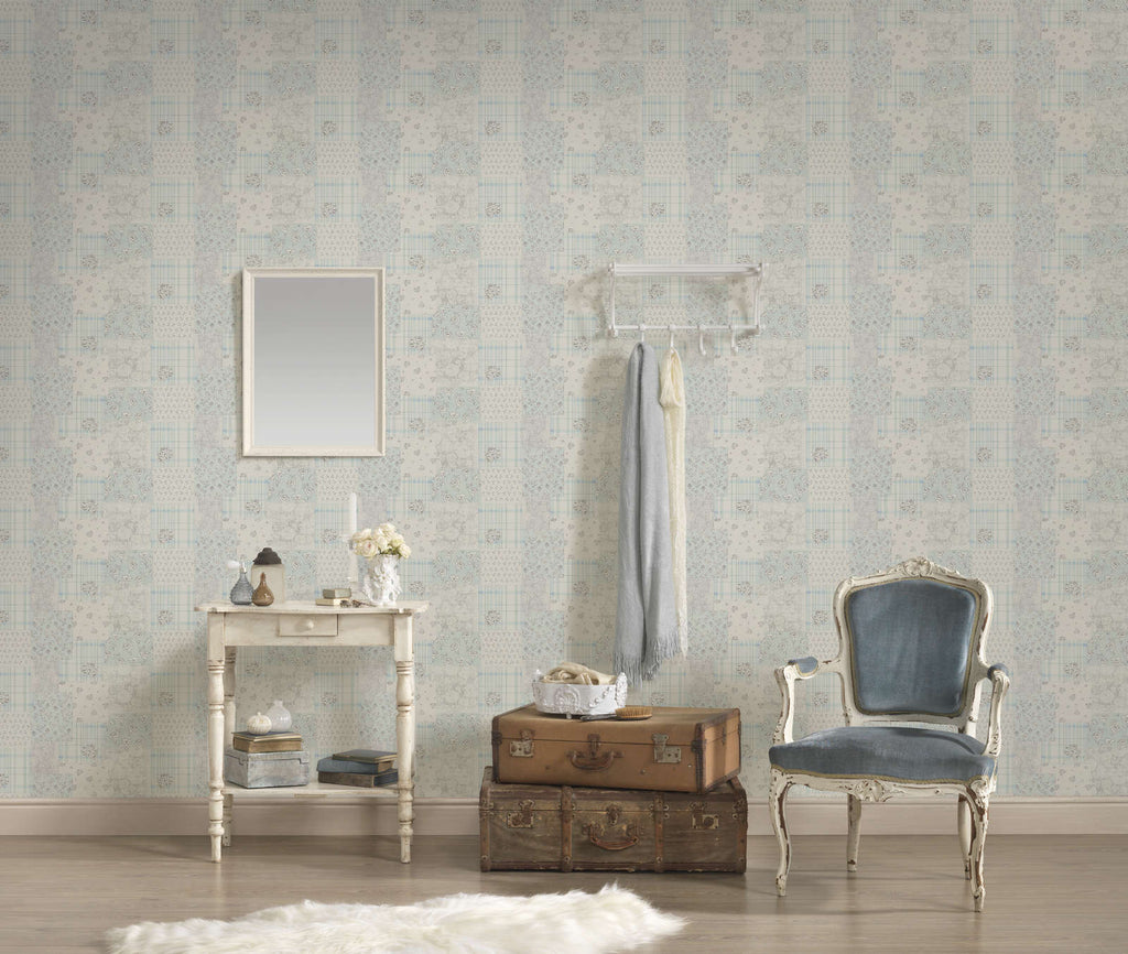 The Tansy Arbour | Azure & Smoked Grey Luxe wallpaper shown hung on a styled interior wall (official room photo)